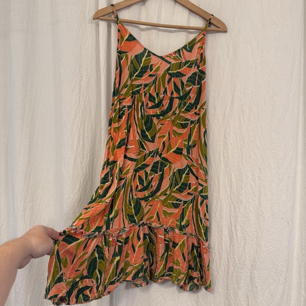 Raya Sun Dress Size Large Tropical Leaf Print  V-Neck Vacation Beach Summer Leaf